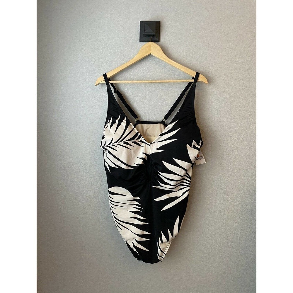 Kona Sol Womens Black White Palm Leaf Print 1 Piece Sz 22W Swimsuit NWOT